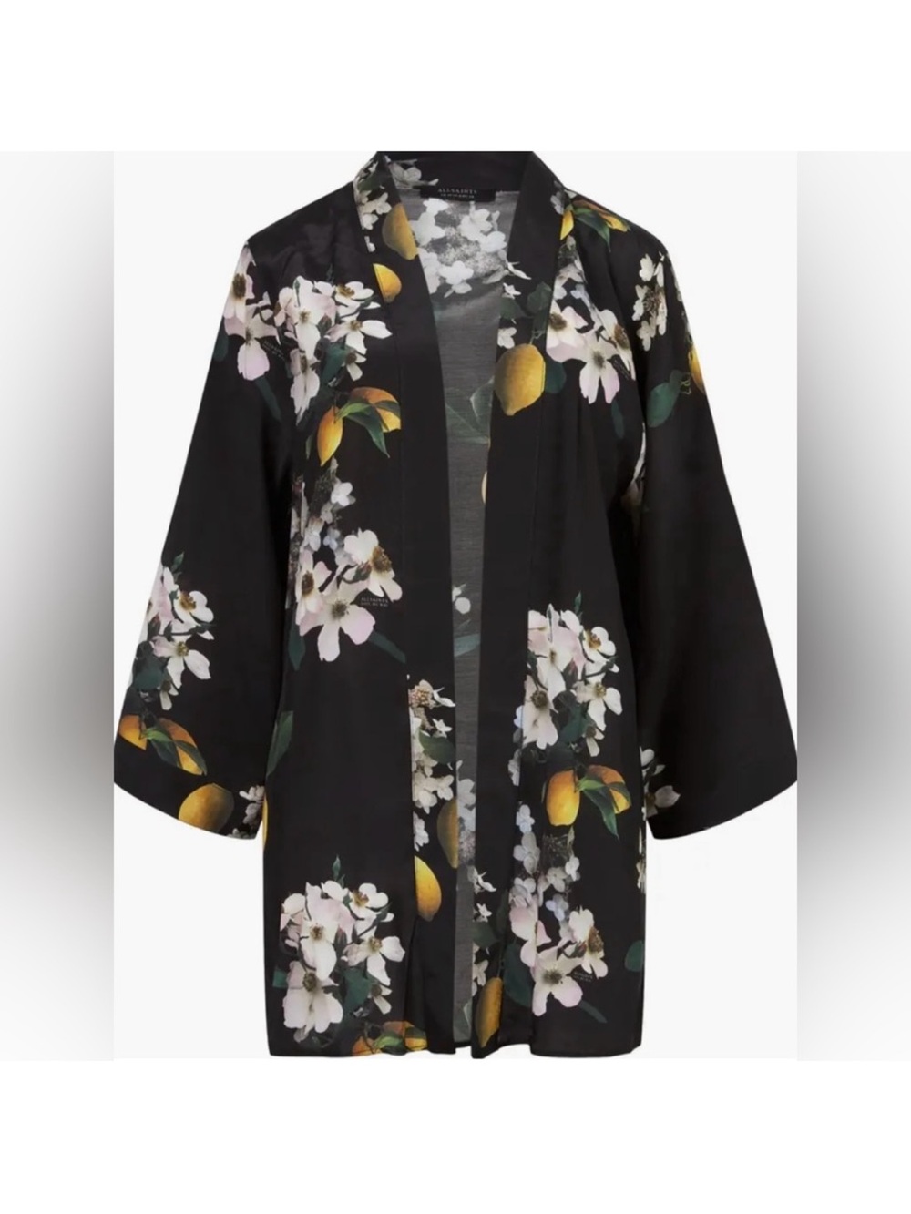 AllSaints Black Floral & Lemon Satin Kimono
